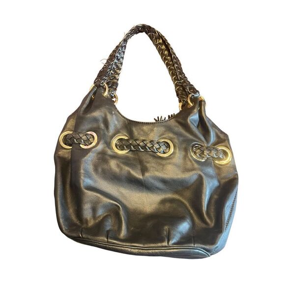 Michael Kors black leather hobo braided handle shoulder bag bucket tassel - Picture 2 of 8